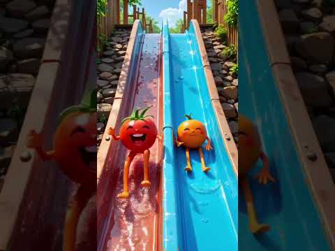 tomato and orange enjoying slide