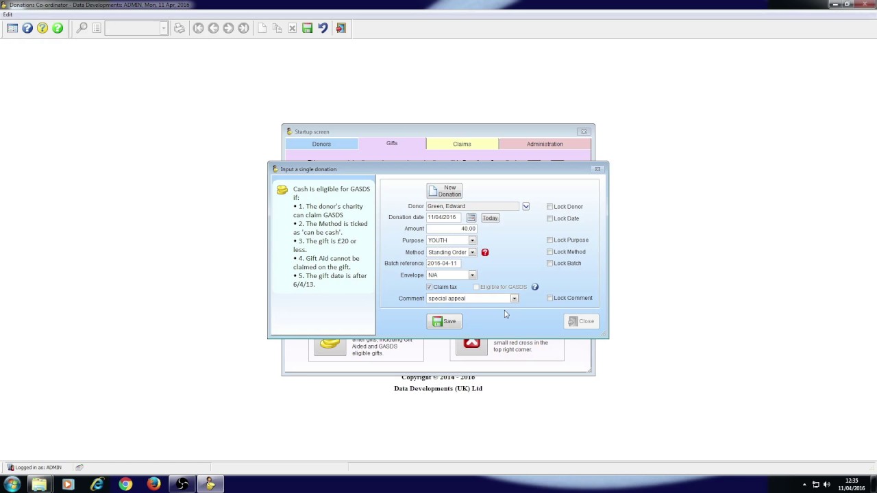Data Developments Tutorial Videos | How enter Donations individually in Donations Co-ordinator