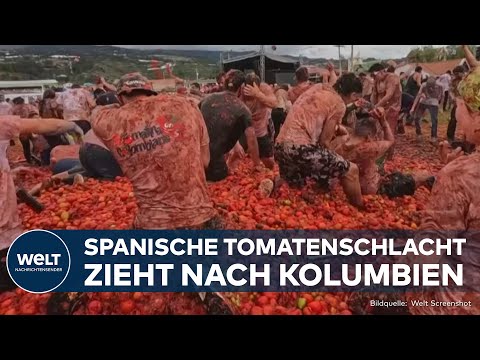 TOMATENFEST IN KOLUMBIEN: Tausende Festival-Besucher feiern matschige Ketchup-Schlacht in Sáchica!
