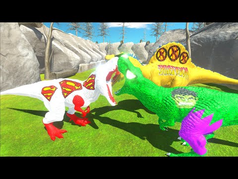 WHITE SUPERMAN T-REX VS HULK T-REX VS WOLVERINE SPINO DEATH RUN - Animal Revolt Battle Simulator