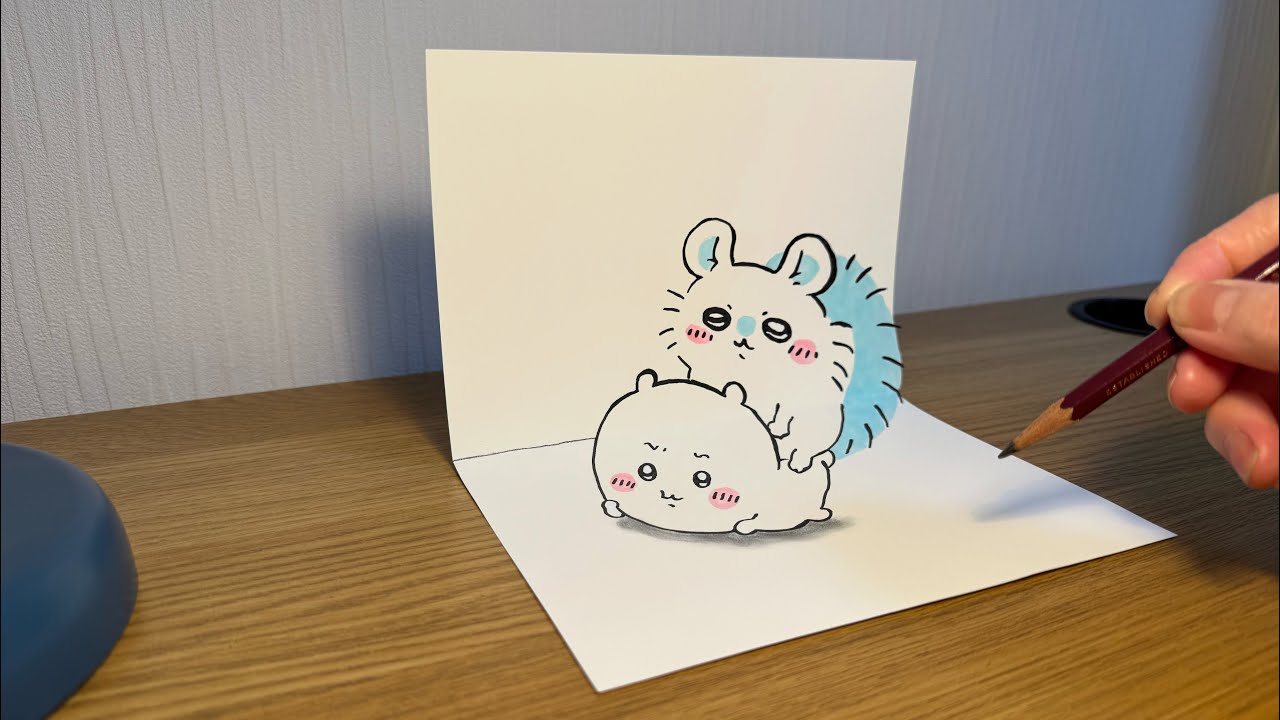 ちいかわとモモンガ　仲良しトリックアートを描きました　可愛い感じにできました　#ちいかわ #モモンガ #イラスト