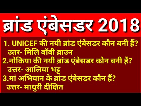 ब्रांड एंबेसडर 2018 | Brand Ambassador 2018 | Current Affairs | SSC, RRB, CGL, BANK Video