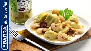 Alcachofas Ybarra con langostinos y jamón