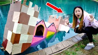 BOX FORT CASTLE ON WATER!! (MONSTER IN POND)
