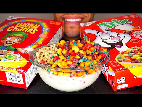 LUCKY CHARMS VS TRIX CEREAL MUKBAN CHALLENGE EATING MOUTH SOUNDS NO TALKING ASMR