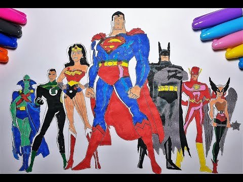 Justice League Coloring page with SUPERMAN, BATMAN, FLASH, GREEN LANTERN, WONDER WOMAN and MORE!