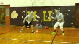 preview picture of video 'Sabre Demo - Lashner vs. Baldree MU Fencing Practice'