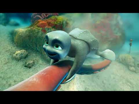 Official trailer still of A Turtle’s Tale: Sammy’s Adventures with young Sammy heading to the ocean