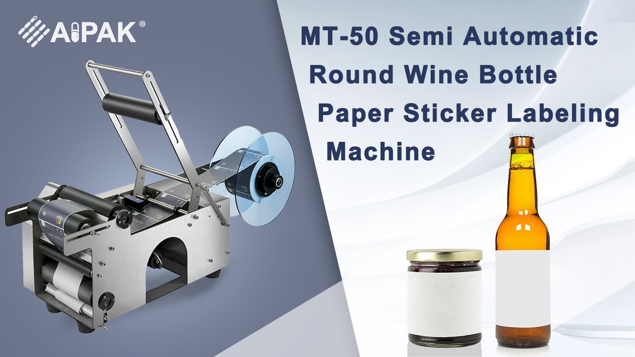 See How MT-50 semi automatic round wine bottle paper sticker labeling machine for pet bottles cans