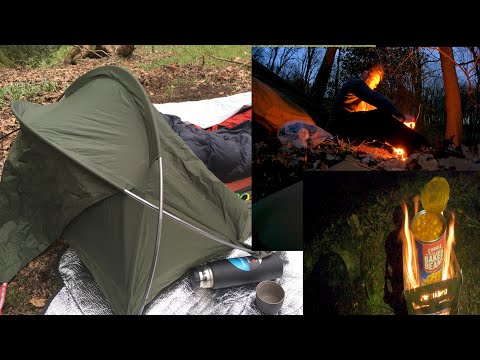Alpkit Bivvy Woodland Camp with a tin of Aldi Baked Beans A flask Of Tea One Tigris Twig Stove Too