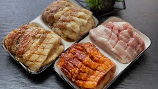 THE BEST 4 FLAVORS KOREAN BBQ Samgyupsal at Home(Pork Belly)/How to marinate Samgyupsal 삼겹살 /YUMMY!
