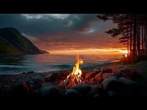 Ocean Sunset Campfire 🔥 Waves, Golden Horizon & Deep Relaxing Nature Sounds