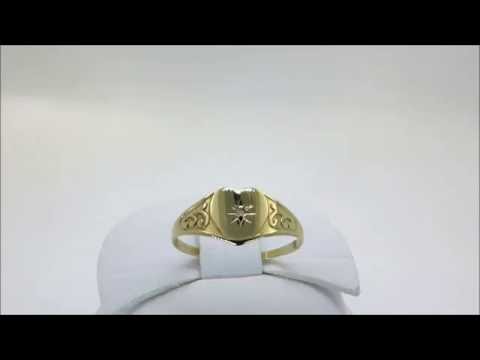 9ct Yellow Gold Heart Design + Diamond Signet Ring Size H (00134)
