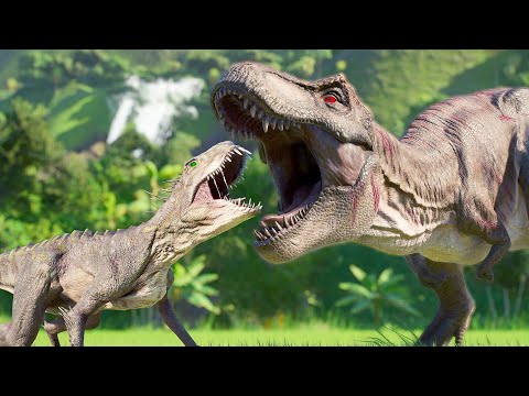 T-Rex vs Indominus Rex vs Spinosaurus – Battle Royale in Isla Nublar | Jurassic World Evolution 2