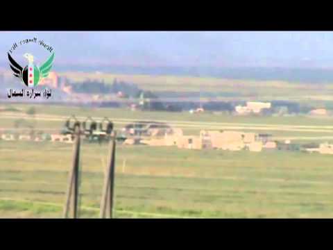 استهداف الطائرات المروحية  داخل مطار منغ العسكري بواسطة قذائف مدفعية من قبل لواء شرارة الشمال