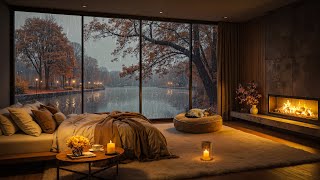 Autumn Jazz Relaxation 🍂🌧️ Cozy Rainy Lake Bedroom & Fireplace Sounds for Sleep