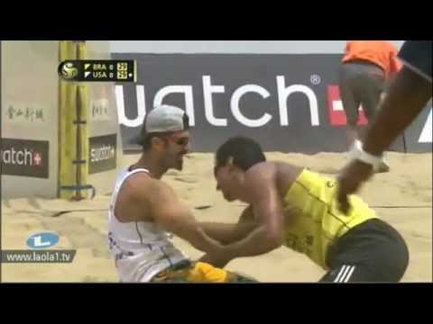 Beach Volleyball fun - Todd Rogers and Benjamin Insfran hugging involuntarily