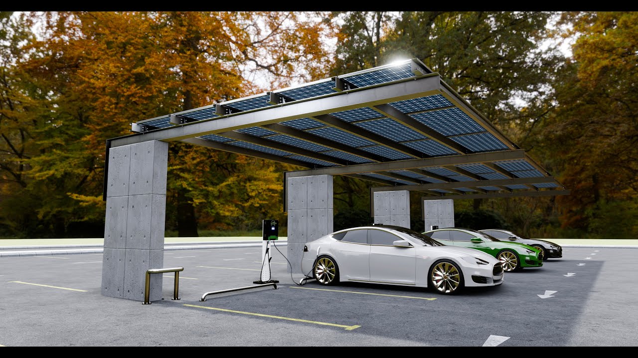 Concrete Column Solar Carport L Type for 6 Cars 3D Model