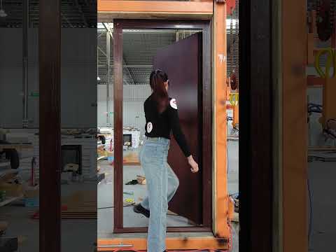 Walnut color aluminum panel entrance front door with smart lock