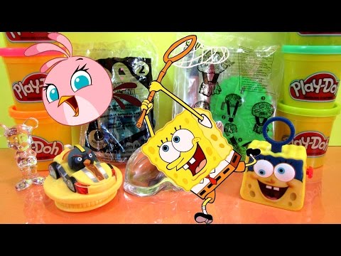 Opening SpongeBob Angry Birds Kids Meal Toys - Stella Crayon Tree and Plankton Straw Topper - CKC