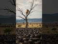 Lioness SURROUNDED By ENDLESS Wildebeest Herd From Tree Lioness Wildebeest Treeclimbinglion