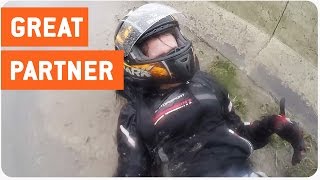 Motorcyclist Saves Girlfriend After Smash In Rain 