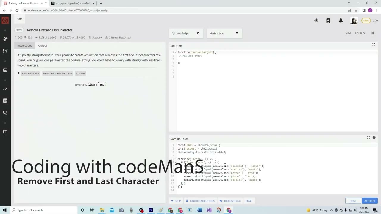 Codewars 8 kyu Remove First and Last Character JavaScript