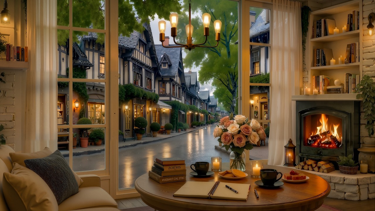Rainy April Coffee Shop Ambience ☕ Soft Jazz Piano & Cozy Fireplace for Relax, Focus & Chill Moments