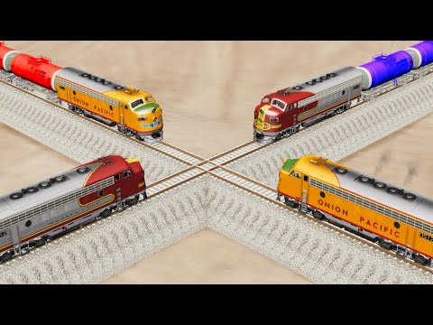 Impossible Multiple Overlapping Rail Tracks Crossover Vs Trains Crossing - BeamNG.Drive