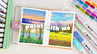🌅 painting landscapes using arrtx 90b acrylic marker set and sketchbook 🌳 unboxing and review 