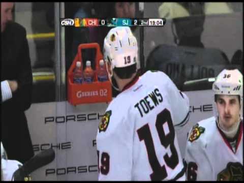 Joe Thorton slapping Jonathan Toews 10 Feb 2012. Chicago Blackhawks vs San Jose Sharks. NHL hockey