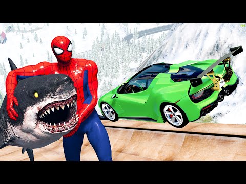 Beamng Drive - Cars Jumping into Mouth of Scary Shark From Spiderman | Random Vehicles Destruction