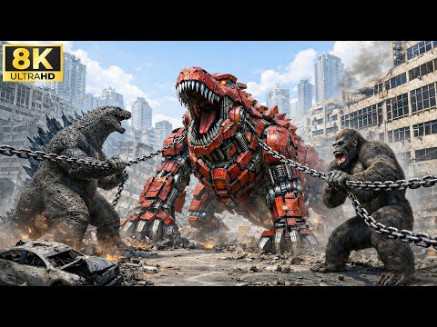 King Kong and Godzilla face off against a giant dinosaur robot: A major clash in the city 🦍🦖