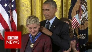 Barack Obama 'chokes up' giving Ellen DeGeneres 'Medal of Freedom' - BBC News