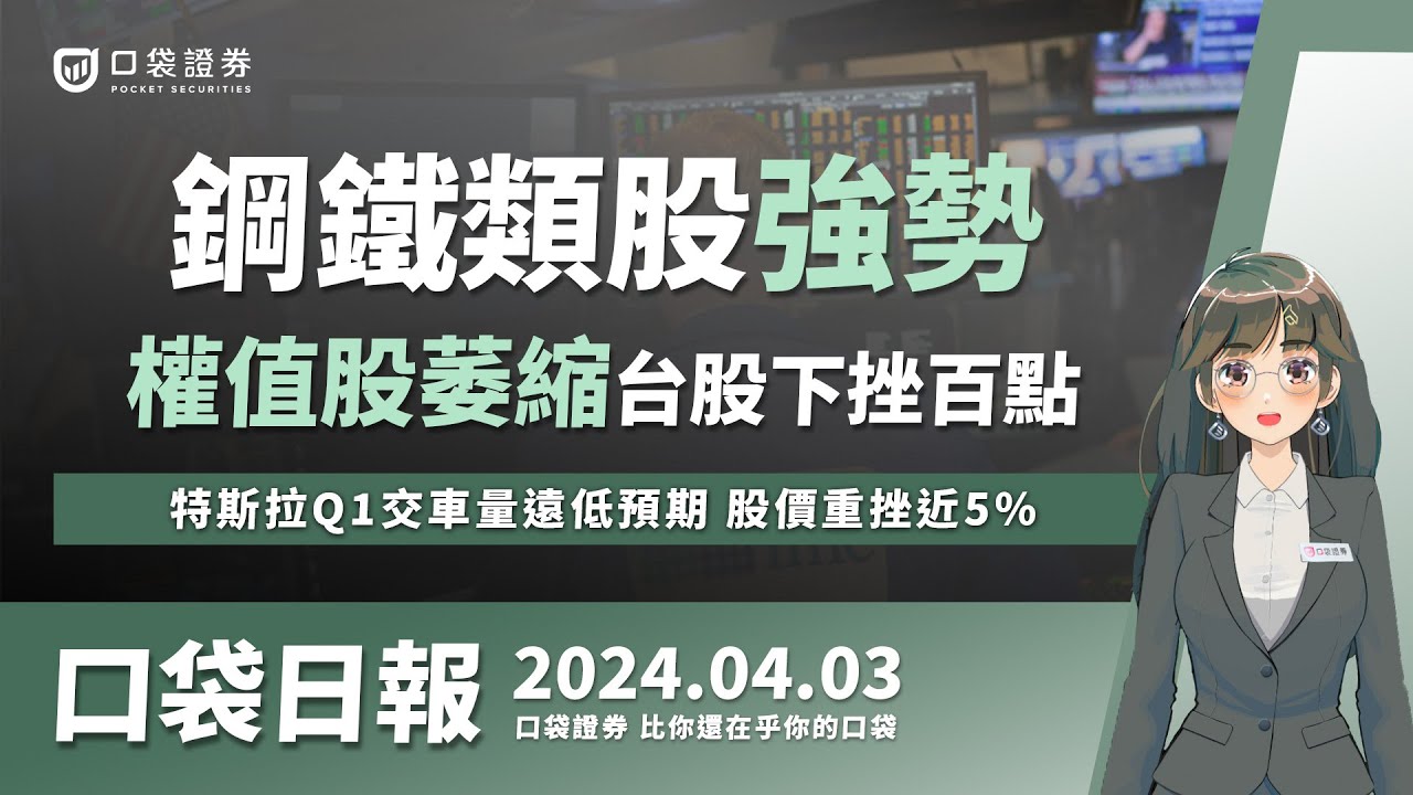 【口袋日報】鋼鐵類股強勢,權值股萎縮台股下挫百點!特斯拉Q1交車量遠低預期,股價重挫近5%!2024.04.03
