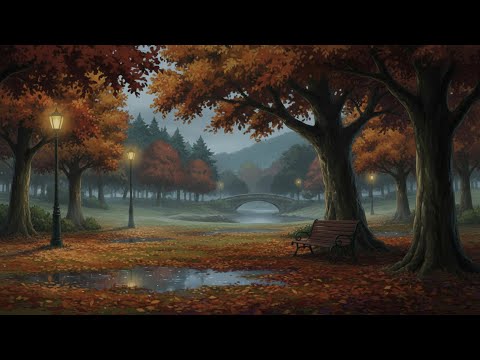 cozy autumn park , warm vintage oldies echoing  through the peaceful evening