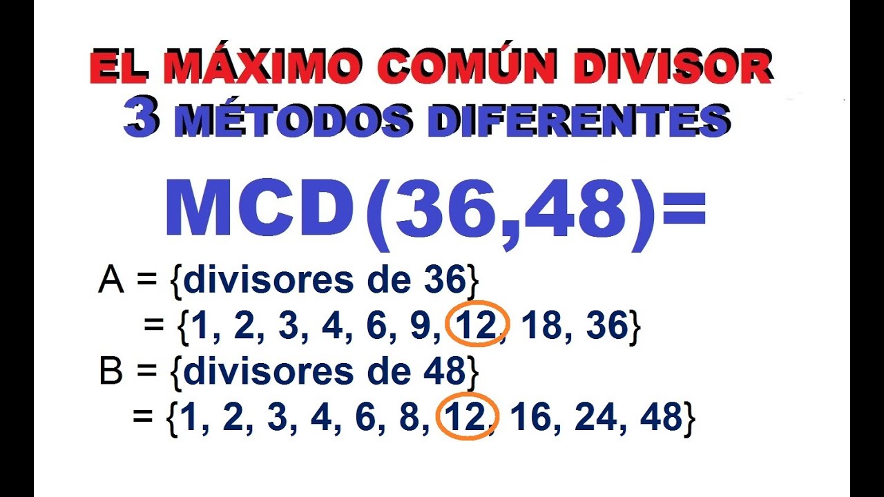 (1) Máximo Común Divisor (MCD ) de 36 y 48. Por Tres (3) métodos de Solución.