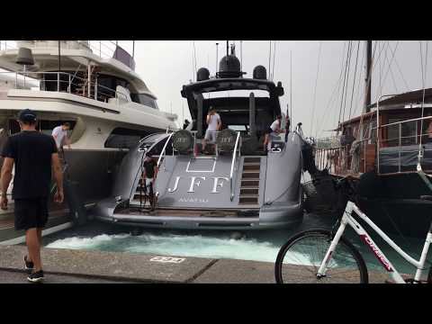 Docking action in Antibes with the Mangusta 108 yacht JFF