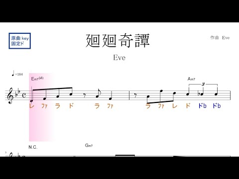 廻廻奇譚　かいかいきたん（Ｅｖｅ）アニメ「呪術廻戦」原曲key 固定ド読み／ドレミで歌う楽譜【コード付き】