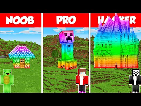 Rainbow Color House Build Battle Challenge - JJ vs Mikey vs Hacker - Minecraft Animation