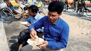 Street Food* Eating Ruti with Varmichilli Haluya and Mithai* Street Food of Dhaka in BD