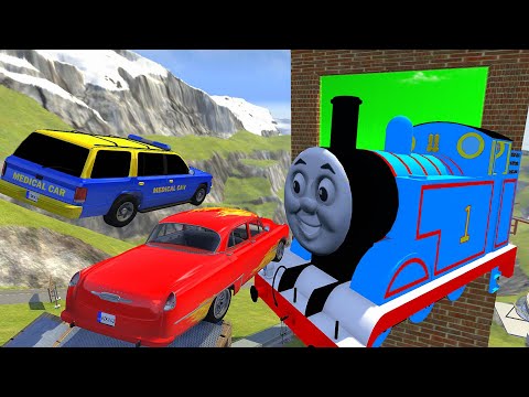 Crazy Vehicle High Speed Jumps Over THOMAS Train In Green Slime Water Wall - BeamNG drive Jumps