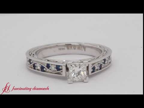Vintage Filigree Princess Cut Diamond Engagement Ring With Sapphire-FDENS3543R