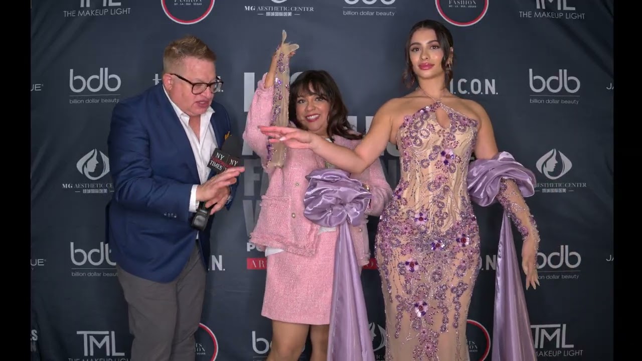 Model Andrea Aguilar wearing Glaudi with Designer at Art Hearts Fashion LAFW