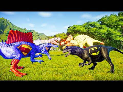 Superman Spinosaurus vs Batman Purutaurus | Spiderman, Joker, Venom Fight | Jurassic World Evolution