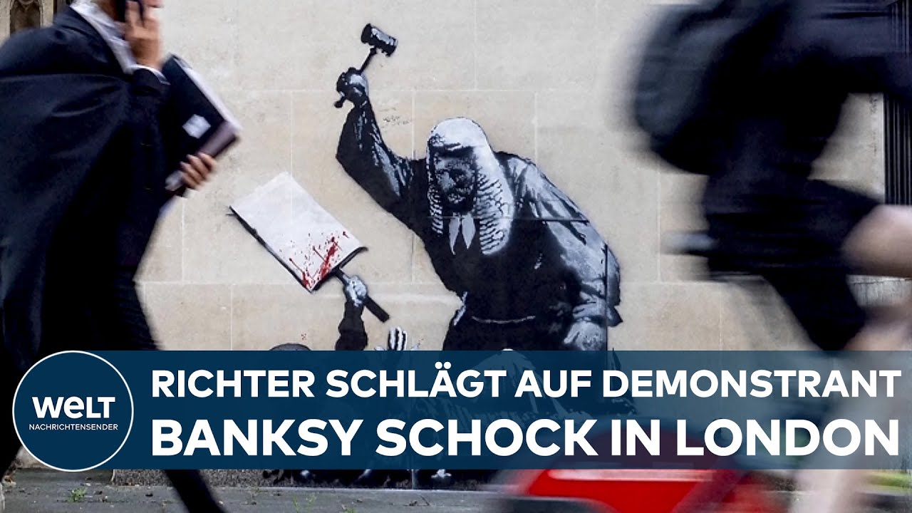 NEUES BANKSY-KUNSTWERK IN LONDON: Richter schlägt auf Demonstrant – Wandbild erhitzt Debatte