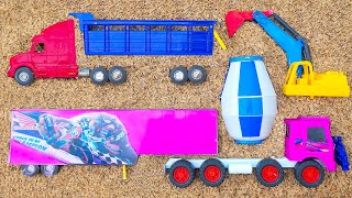 Searching for and assembling large cement mixer trucks, telolet buses, wobbly trucks, excavator b...