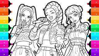 Coloring Rumi, Mira, Zoey Huntrix Singing Coloring Page from KPop Demon Hunters
