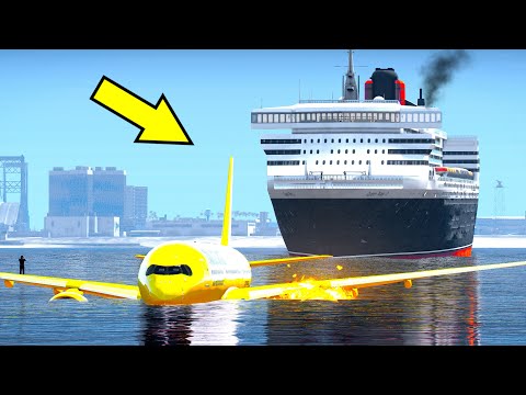 Airplane Emergency Landing On Water And Queen Mary 2 Ship Crashes Into Plane In GTA 5