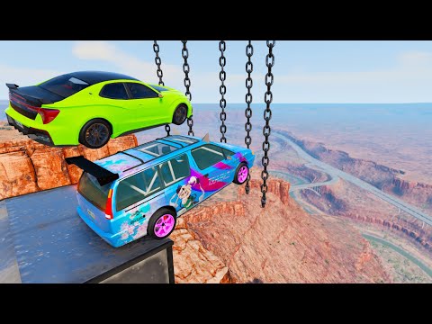 High Speed Jumps In Canyon Through Vertical Giant Chain - BeamNG.drive Crazy Jumps With Total Damage